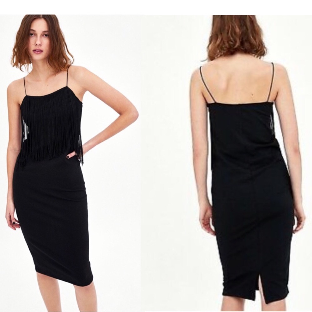 NWT Zara Black Fringe Fitted Body-con dress Size Small